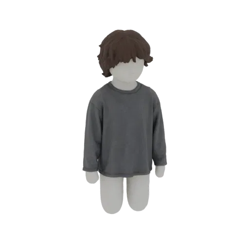 3D model of a child mannequin wearing a gray long-sleeve shirt and brown hair, standing on a white background.