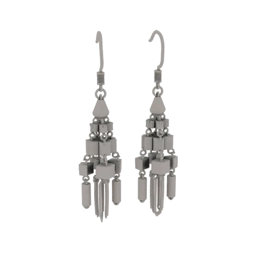 Chandelier Drop Earrings render detail 3D model, isometric studio render, highlighting earring form and finish detail.