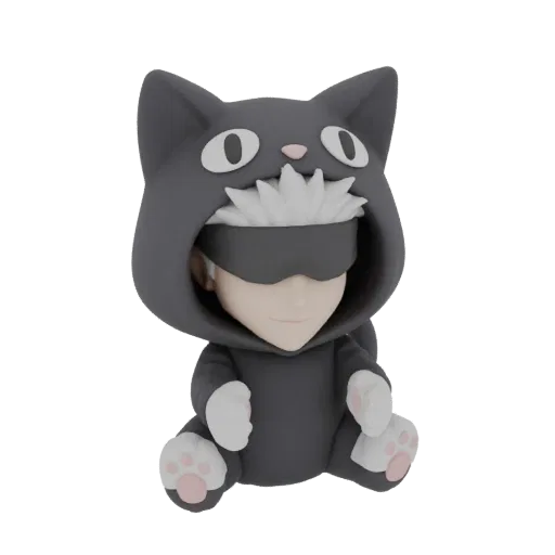 3D model of a cute chibi character wearing a black cat hoodie, sitting with paws visible.