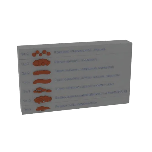 3D model of the Bristol Stool Chart showing seven distinct types of stool shapes, from hard lumps to liquid.