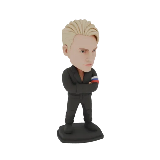 3D model of a Russian leader bobblehead figure with blonde hair, arms crossed, and a Russian flag armband, standing on a dark