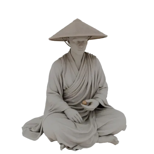 3D model of a serene monk meditating, wearing a conical hat and holding a small object in his hand.