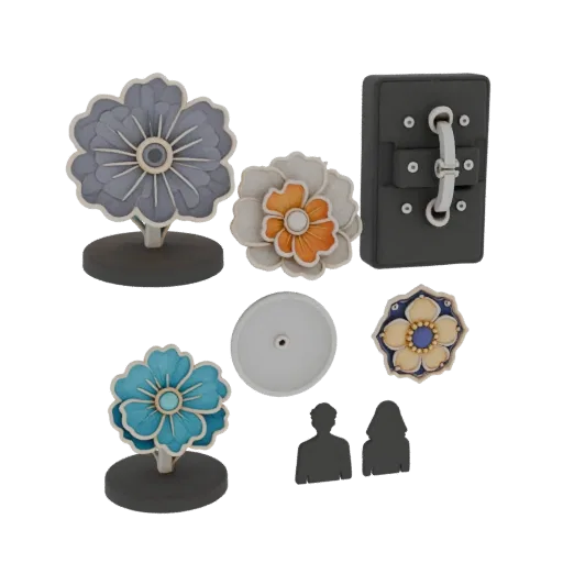 Floral Lapel Pin collectible detail 3D model, top-down studio render, showing brooch silhouette and surface contrast.