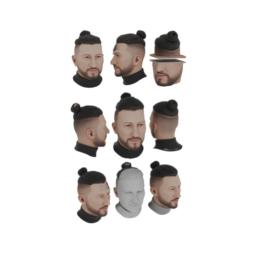 Man Bun Hairstyle 3D Model with Wireframe Variant