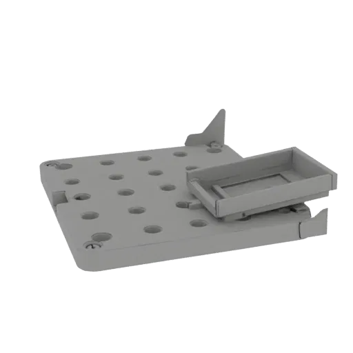 3D model of a gray modular plate with V-groove hinges, ventilation holes, and a tab with teeth