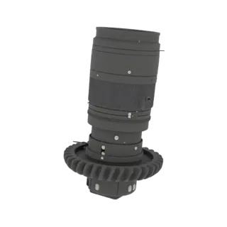 3D model of a Helios 44-2 lens with a cine rehouse, featuring a large gear ring at the base and ribbed manual focus rings.