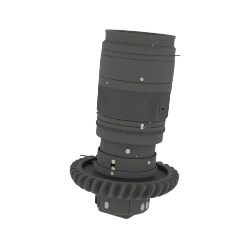 Modello 3D di un obiettivo Helios 44-2 con rehousing cine, caratterizzato da una grande corona dentata alla base e anelli di