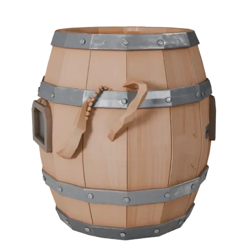 Medieval Barrel Low Poly 3D model, game viewport three-quarter view, showing wood planks, stackable massing.