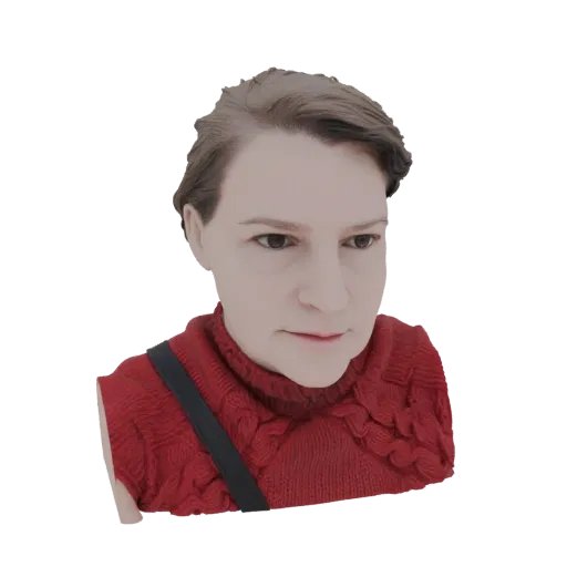 3D model render of a woman's bust wearing a red cable knit sweater, with detailed texture and realistic appearance.