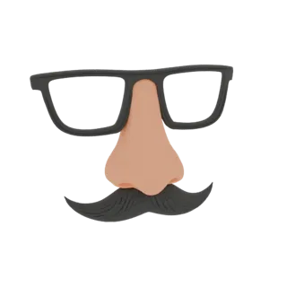 A 3D model of a disguise featuring large black glasses, a tan nose, and a black mustache, presented on a white background.