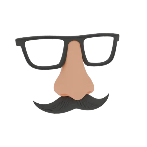 A 3D model of a disguise featuring large black glasses, a tan nose, and a black mustache, presented on a white background.
