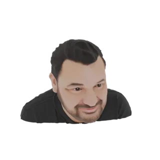 Modelo 3D de homem com cabelo escuro, barba e camiseta preta, olhando ligeiramente de lado com expressão amigável.