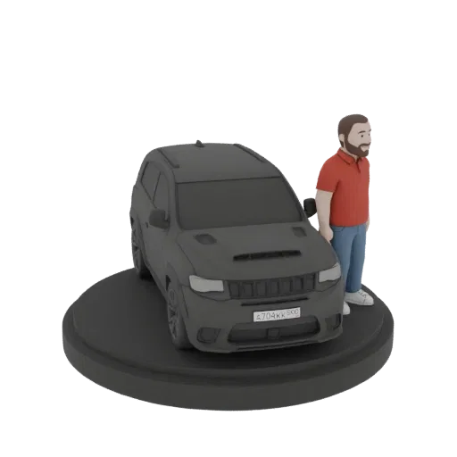 Modello 3D di un uomo in maglietta rossa e jeans blu accanto a un SUV nero su base circolare.
