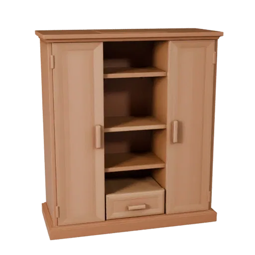 Shaker Wardrobe Low Poly 3D model, bedroom, game viewport three-quarter view, painted wood detail.