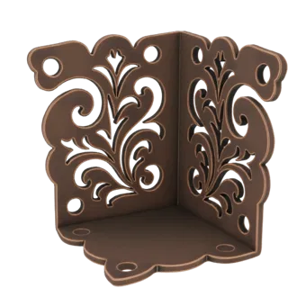 Rendu 3D d'un protège-coin de couleur bronze avec des motifs complexes de filigrane floral.