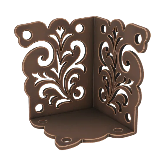 3D model render of a bronze-colored corner protector with intricate floral filigree patterns.