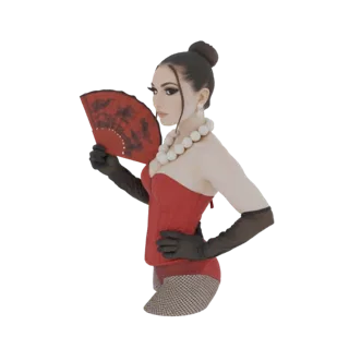 3D model of an elegant woman in a red corset and black gloves, holding a red fan, with a pearl necklace.