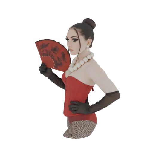 Modello 3D donna elegante in corsetto rosso e guanti neri, con ventaglio rosso e collana di perle.