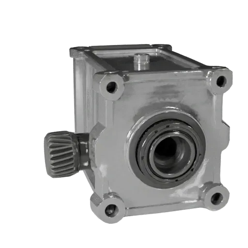 Sealed Gearbox Housing 3D model, side profile view, technical viewport render, showing machined metal, form detail.