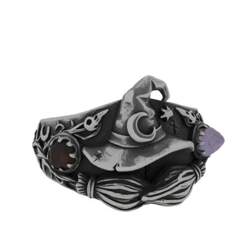 3D model of a silver-toned ring shaped like a witch's broom and hat, with a crescent moon and two colorful gems.
