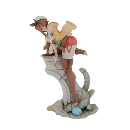 3D model of two anime girls in adventurer outfits, one leaning on a ruined pillar, the other in a dynamic pose, with small bl