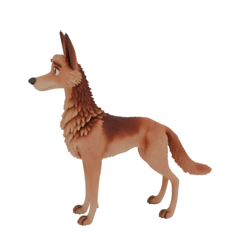 Cartoon style 3D model of a jackal-like dog, reddish-brown, with a fluffy mane and elongated snout.