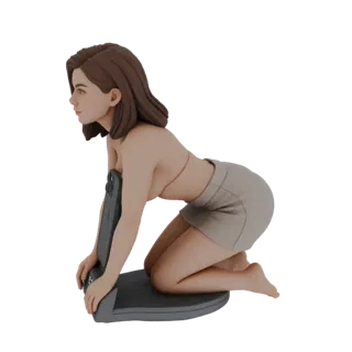 Modello 3D di una donna stilizzata in ginocchio che guarda un tablet su un supporto, renderizzato su sfondo bianco.