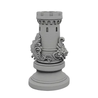 3D model of an ornate castle tower chess piece with decorative leaves and grape clusters on a sculpted base.