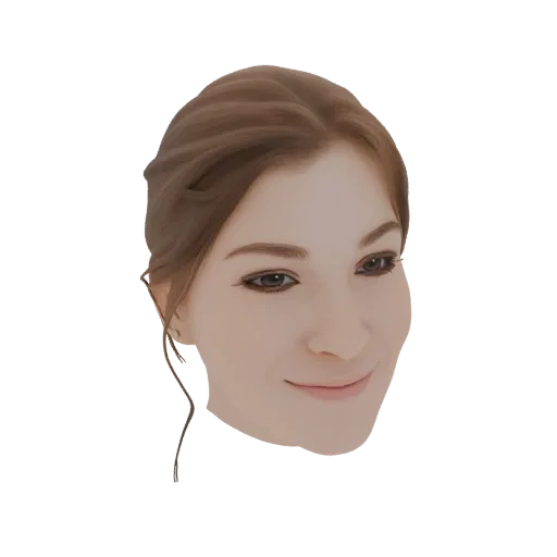 3D render of an AI-generated woman's head with detailed brown hair flowing to the side.