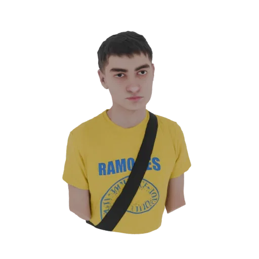 3D model of a young man wearing a yellow Ramones t-shirt and a black strap across his chest.