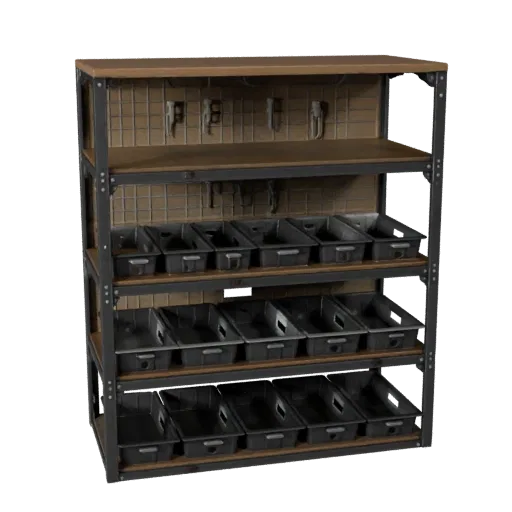 Maker Parts Rack Realistic 3D model, three-quarter studio render, showing steel frames, stable fixtures.