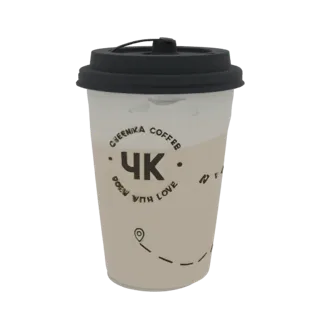3D model of a Cheernika Coffee disposable cup with a black lid, showing the brand's logo and text.