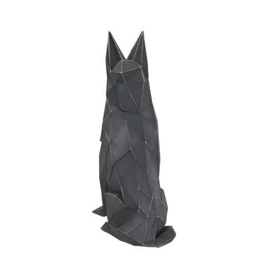 Eine dunkle, geometrische Wolfsskulptur in 3D mit scharfen, eckigen Facetten, von hinten betrachtet.