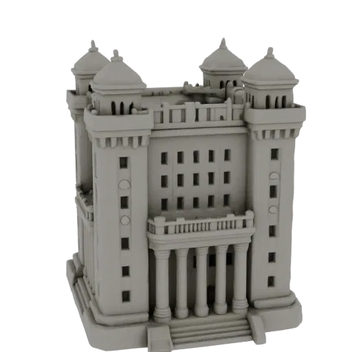 3D model of a planter shaped like the House of Soviets in Kaliningrad, rendered in grey concrete style.