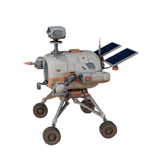 Mars Drone Scout Stylized 3D model, stylized isometric render, showing dusty wheels, vehicle stance.