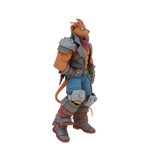 3D model of a stylized anthropomorphic fox character dressed as a biker, wearing a leather vest, sunglasses, and boots.