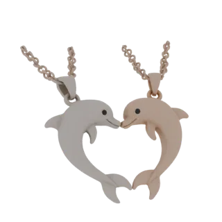 3D model of two dolphins forming a heart shape, with one dolphin in a light gray color and the other in a light peach color,