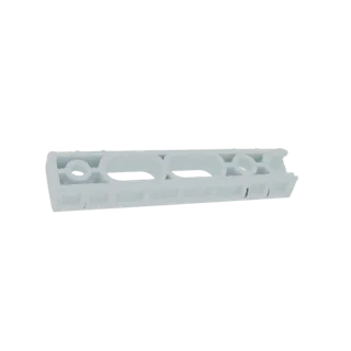 3D model render of a white plastic cable management clip with several oval openings for organizing wires.