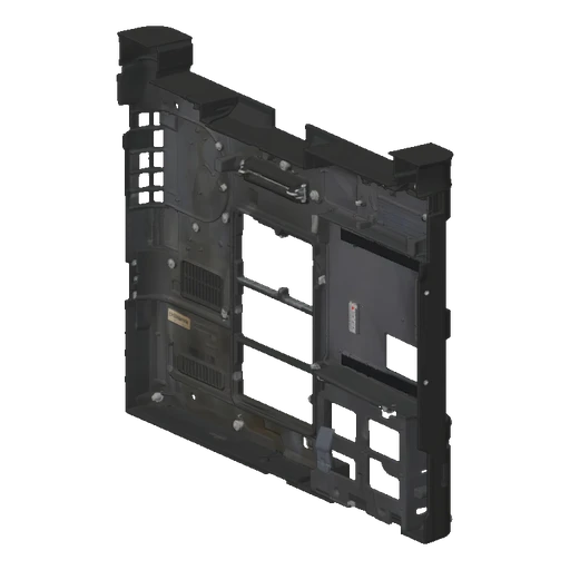 3D model of the internal chassis frame of a laptop, showing mounting points and structural details against a black background