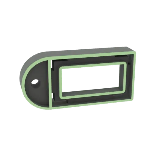 3D render of a dark gray rectangular frame with a light green outline, featuring a rounded end with a circular hole.