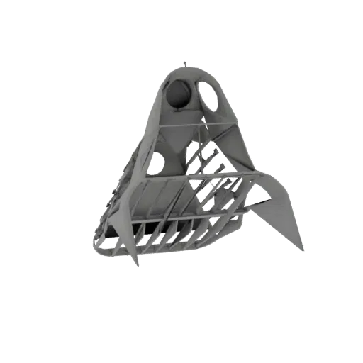 3D model of a grey, skeletal futuristic spacecraft frame against a white background, showing intricate internal structure.