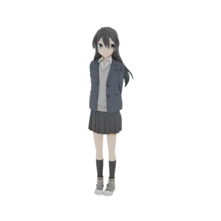 Modelo 3D de uma estudante de anime usando blazer azul, colete cinza, camisa branca e saia plissada cinza, com as mãos atrás