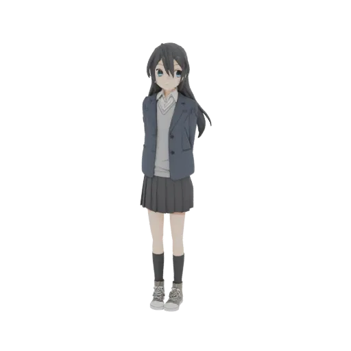 3D-Modell eines Anime-Schulmädchens in blauem Blazer, grauer Weste, weißem Hemd und grauem Faltenrock, Hände hinter dem Rücke