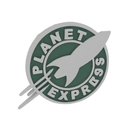 3D model of the Planet Express logo from Futurama, featuring a silver rocket ship on a green circular background with the com