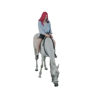 Modelo 3D de una mujer pelirroja montando un caballo blanco, con la cabeza baja, en una pose dinámica.