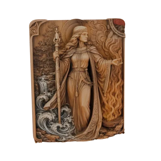 Modelo 3D de una talla de madera que representa a una Diosa de los Elementos, con agua a la izquierda y fuego a la derecha.