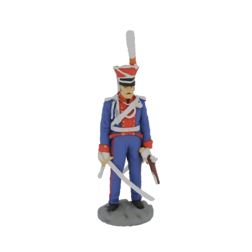3D model of a 19th-century French Hussar soldier in uniform, holding a sword and pistol, standing on a base.