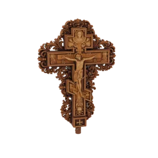 3D-Modell eines verzierten orthodoxen Holzkruzifixes mit Jesus Christus, detaillierten Schnitzereien und religiösen Symbolen.