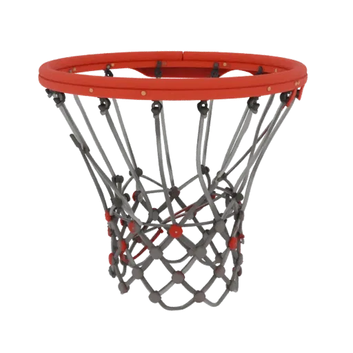 3D model of a basketball hoop with an orange rim and a gray net with red accents