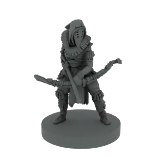 Modelo 3D de uma figura misteriosa de arqueiro com capuz segurando um arco, com uma máscara cobrindo o rosto e uma capa detal